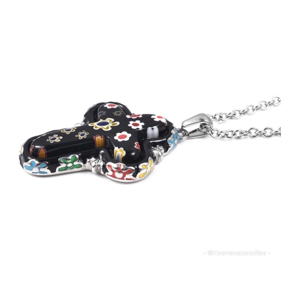 Black Murano Style Enameled Cross Pendant Necklace - Picture 3 of 5